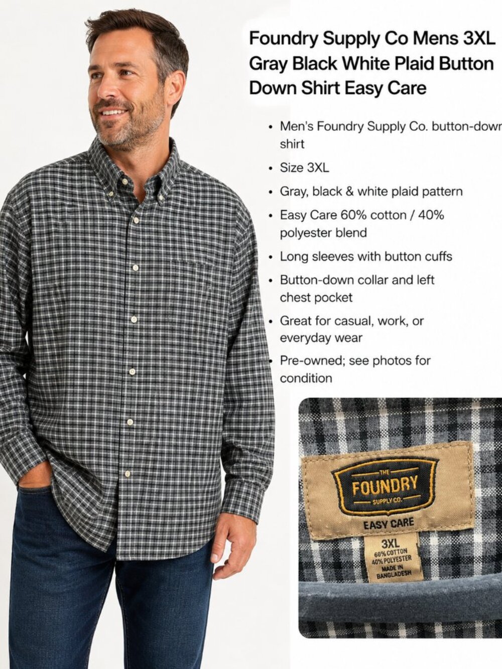 Foundry Supply Co Mens 3XL Gray Black White Plaid Button Down Shirt Easy Care - Picture 1 of 9
